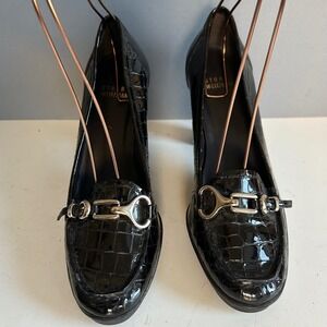 Stuart Weitzman Block Heel Loafer size 8.5 Black Patent Leather Horse Bit Preppy